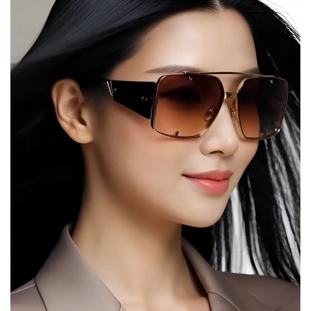Oversized Square Sunglasses Women Gold Frame Gradient Brown‎ Lenses Fashion